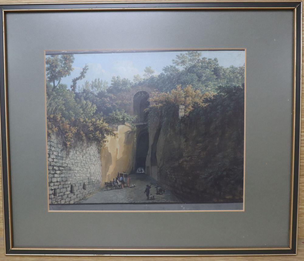 19th century Italian School, gouache, Coaches travelling through a mountain tunnel, signed Gatta and dated 79, 19 x 24cm